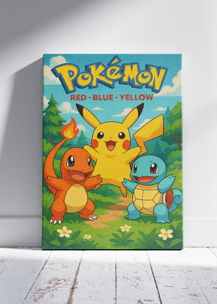 Pokémon Red Blue Yellow Wall Art | Pikachu Charmander Squirtle Classic Gaming Poster & Canvas