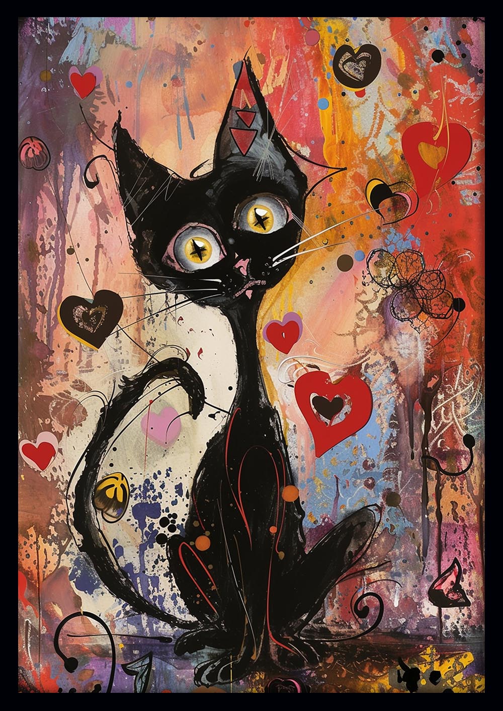 Psychedelic Love Cat – Bold Abstract Black Cat Canvas & Poster Art – T981 – AiPrintLab