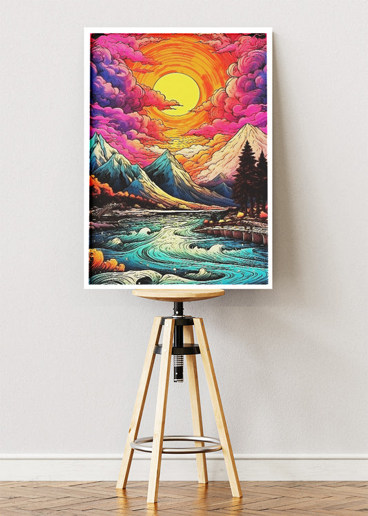 Psychedelic Mountain River Sunset – Vibrant Surreal Landscape Wall Art Poster & Canvas – AI PRINT LAB
