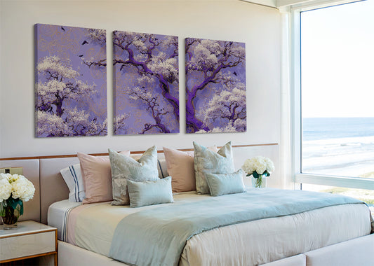 Purple Blossom Tree Canvas Wall Art – Elegant Floral Landscape – Single & 3 Panel Canvas – AI PRINT LAB