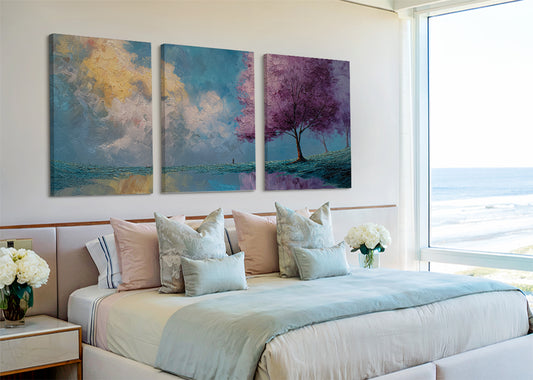 Purple Blossom Tree Landscape Canvas Wall Art – Single & 3 Panel Canvas – AI PRINT LAB