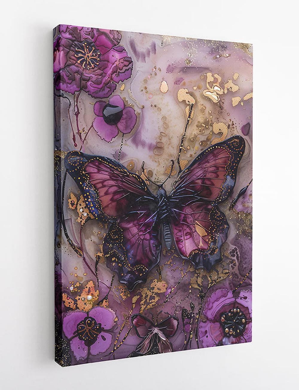 Purple Butterfly Canvas Art – Elegant Floral Gold Accents – T788 – AiPrintLab