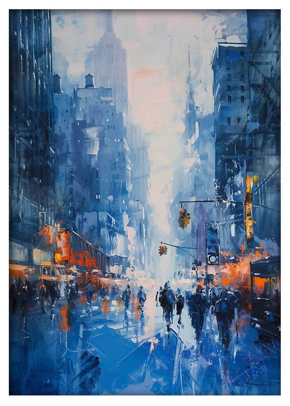 Rainy City Street in Blue – Urban Crowd & Lights Canvas & Poster Wall Art – T918 – AiPrintLab
