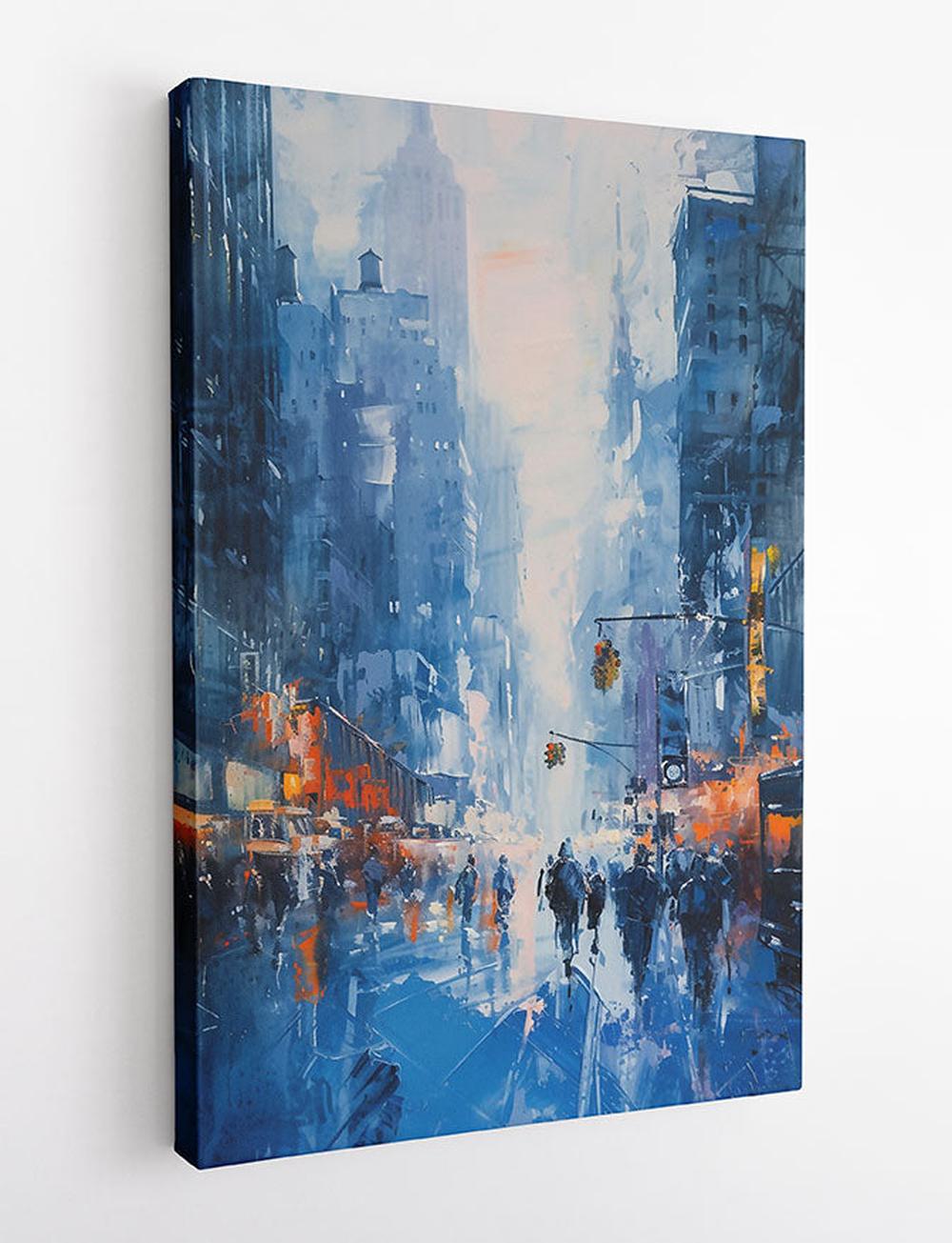 Rainy City Street in Blue – Urban Crowd & Lights Canvas & Poster Wall Art – T918 – AiPrintLab