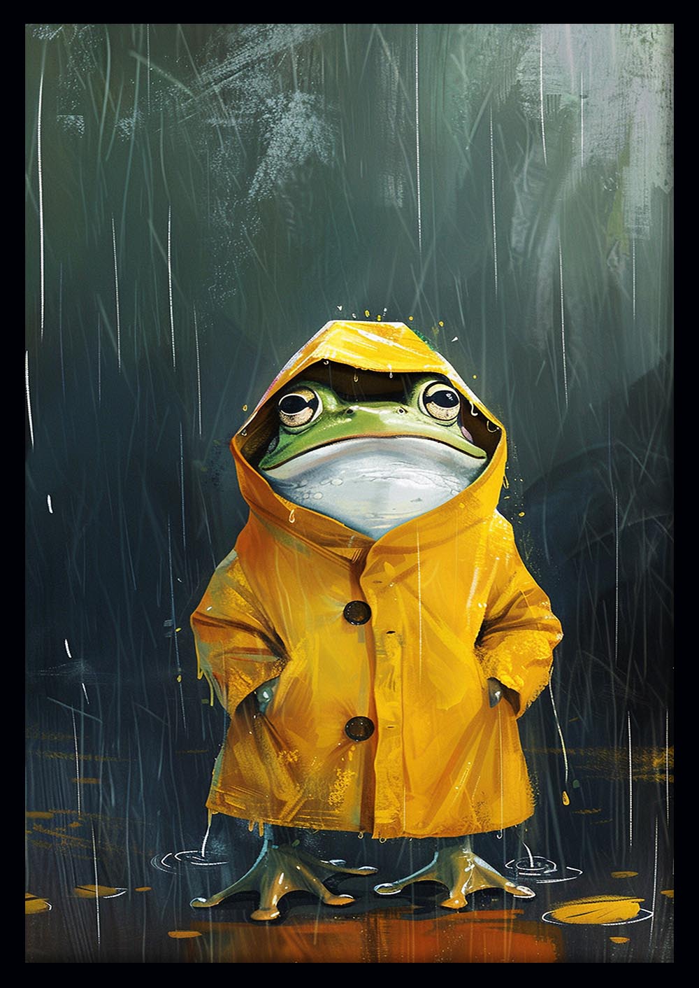 Rainy Day Frog Art – Cute Frog in Yellow Coat Canvas & Poster Print – T1098 – AiPrintLab