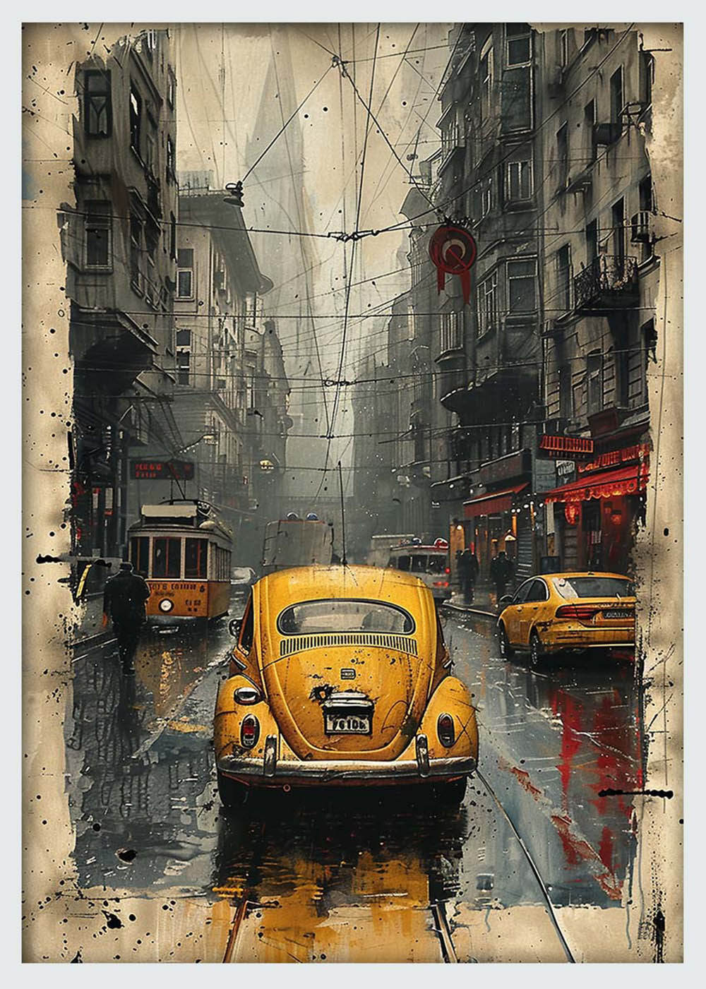 Rainy Street with Yellow Beetle – Vintage Urban Canvas Wall Art & Poster Print – T1120 – AiPrintLab