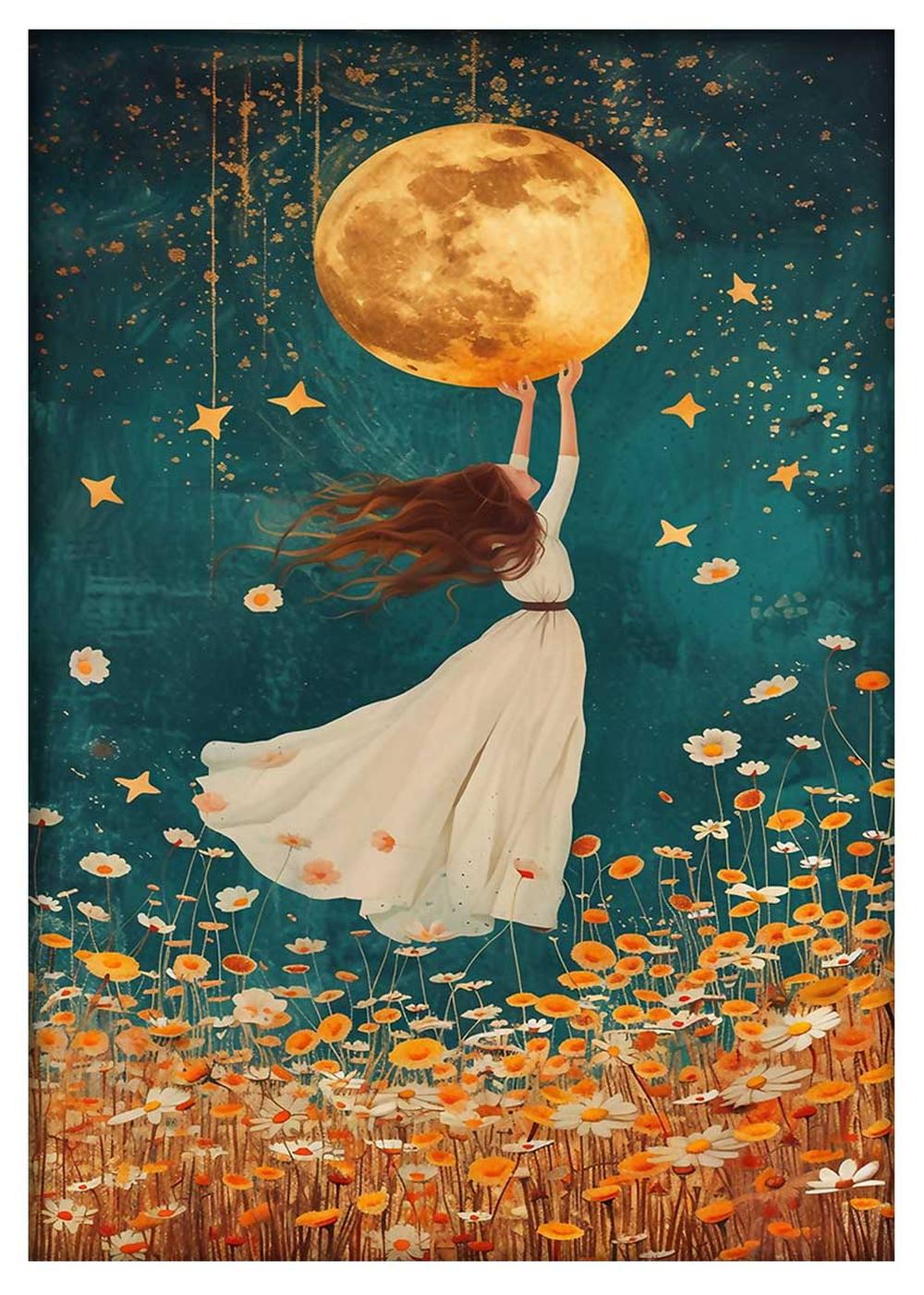 Reaching for the Moon – Whimsical Night Garden Canvas & Poster Art – T807 – AiPrintLab