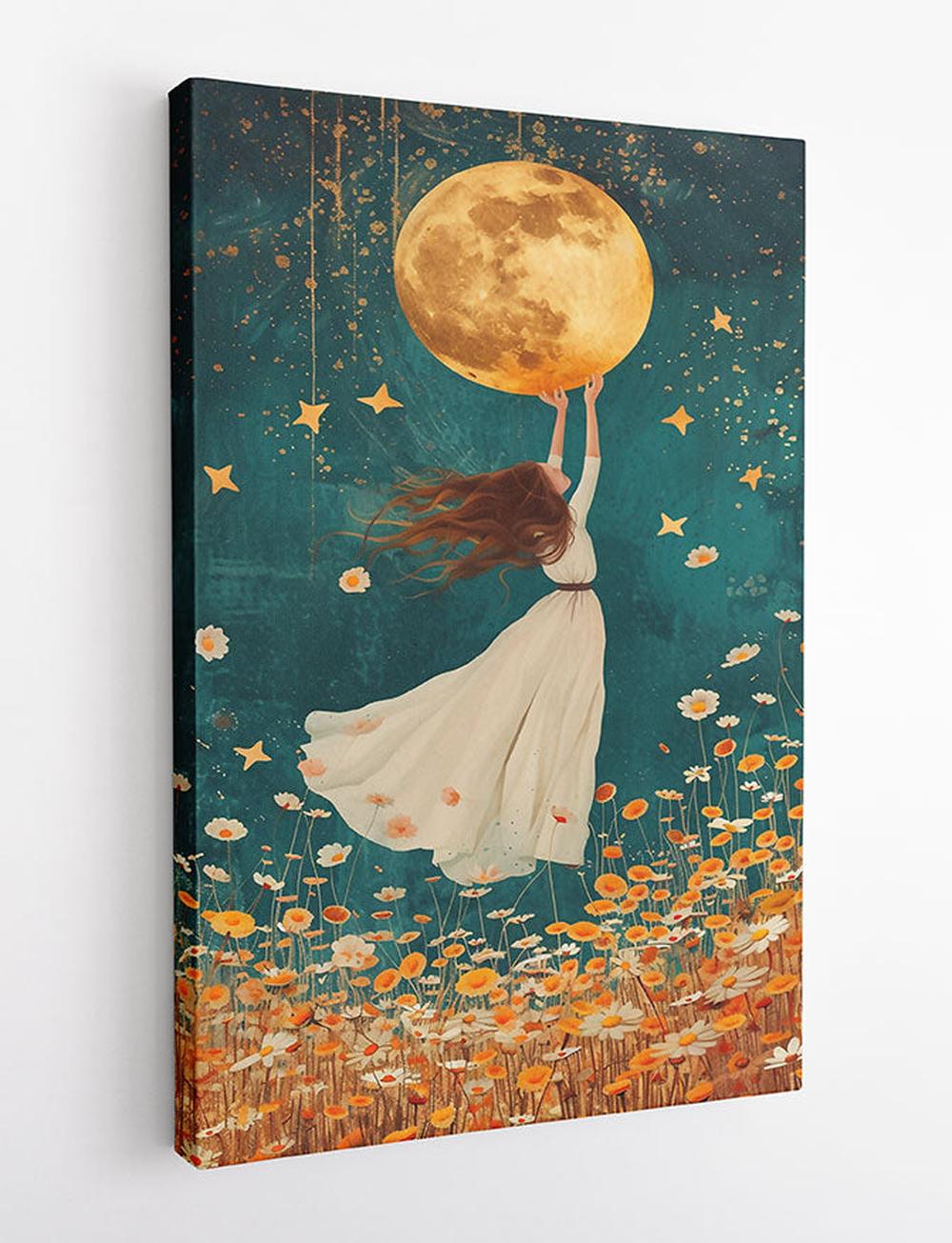 Reaching for the Moon – Whimsical Night Garden Canvas & Poster Art – T807 – AiPrintLab