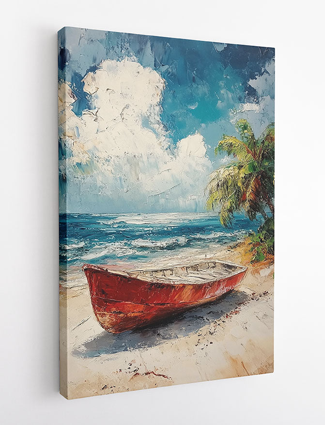 Red Boat on Tropical Shore – Coastal Palette Knife Canvas & Poster Print – T1427 –