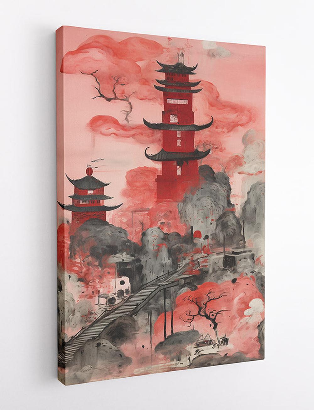 Red Pagoda Misty Landscape Wall Art – T506 – AiPrintLab