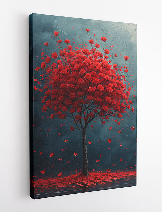 Red Rose Tree Wall Art – Romantic Floral Canvas & Poster Print – T1391 –