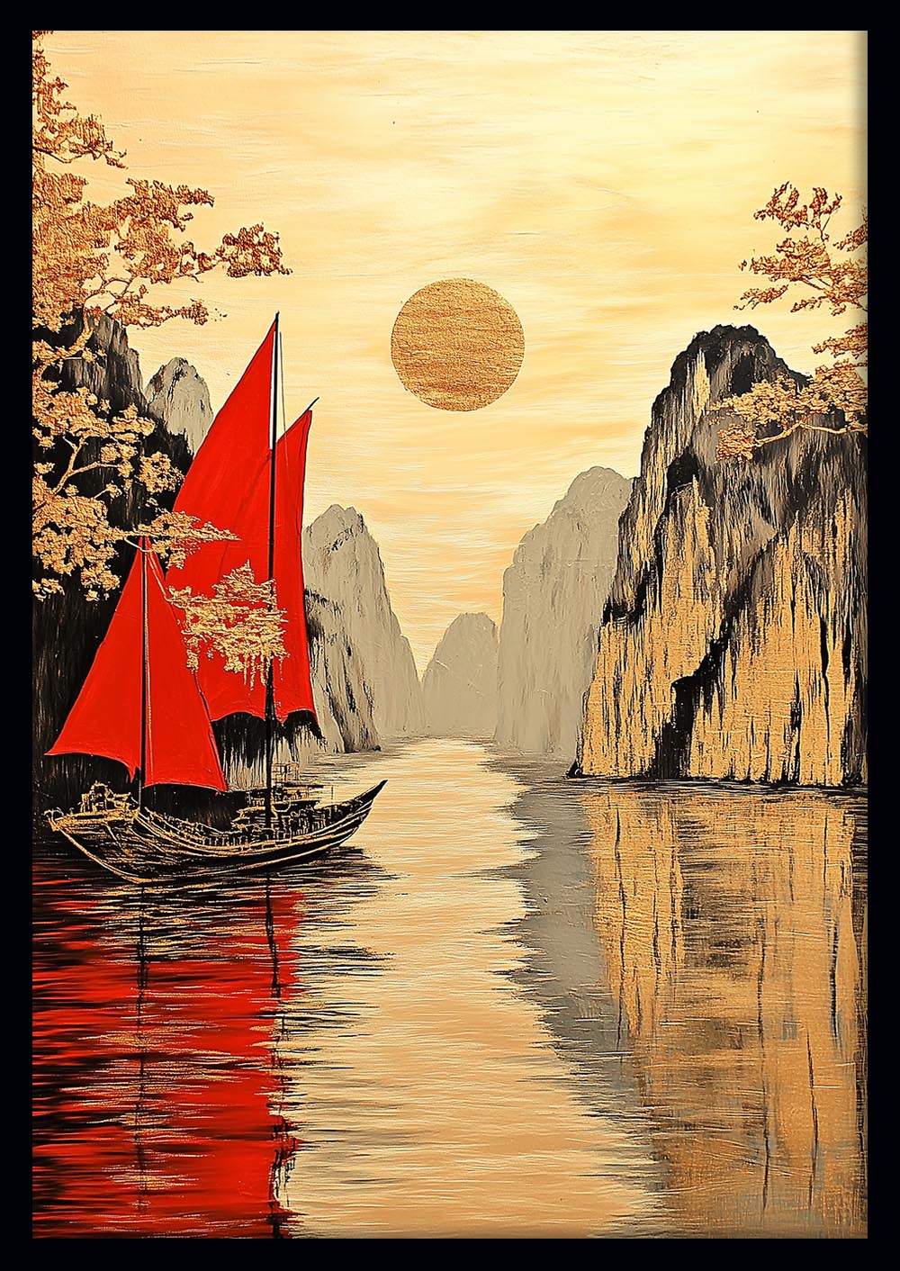 Red Sails & Golden Mountains Wall Art – Asian-Inspired Canvas & Poster Print – T1399 –
