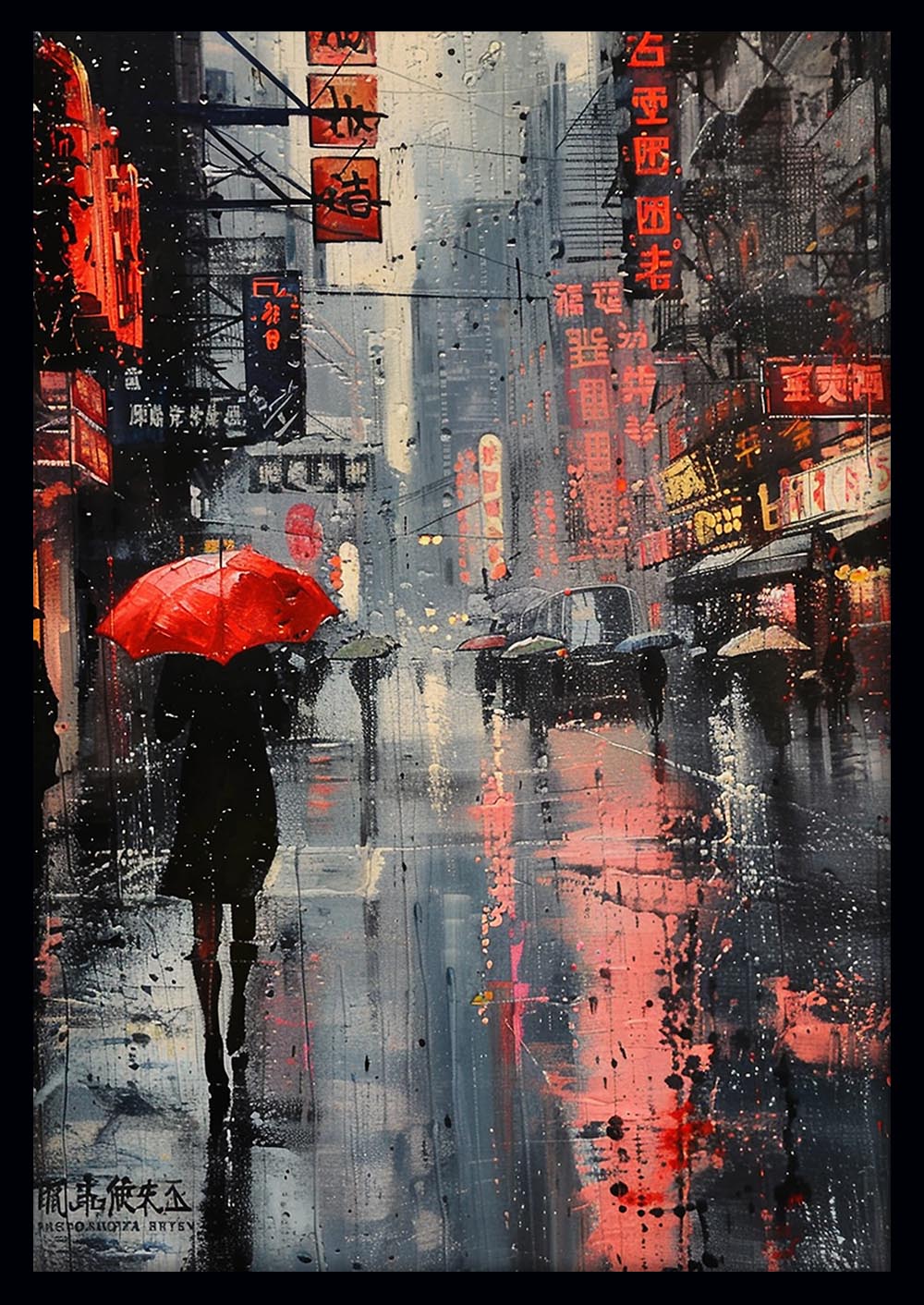 Red Umbrella in Rainy City – Moody Urban Night Canvas Wall Art & Poster Print – T1118 – AiPrintLab