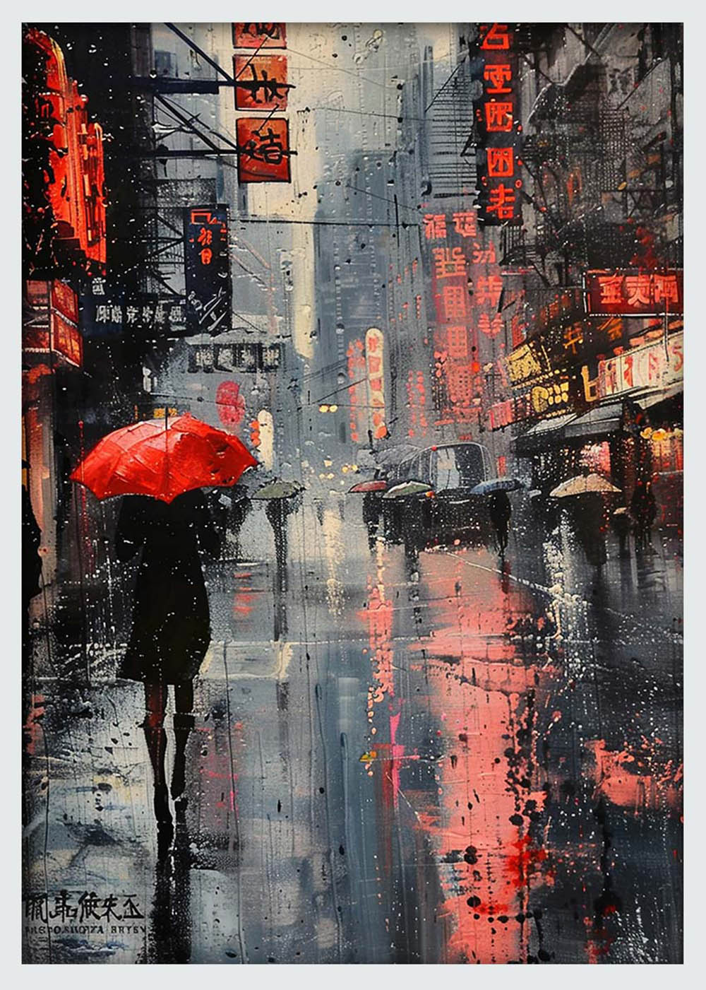 Red Umbrella in Rainy City – Moody Urban Night Canvas Wall Art & Poster Print – T1118 – AiPrintLab