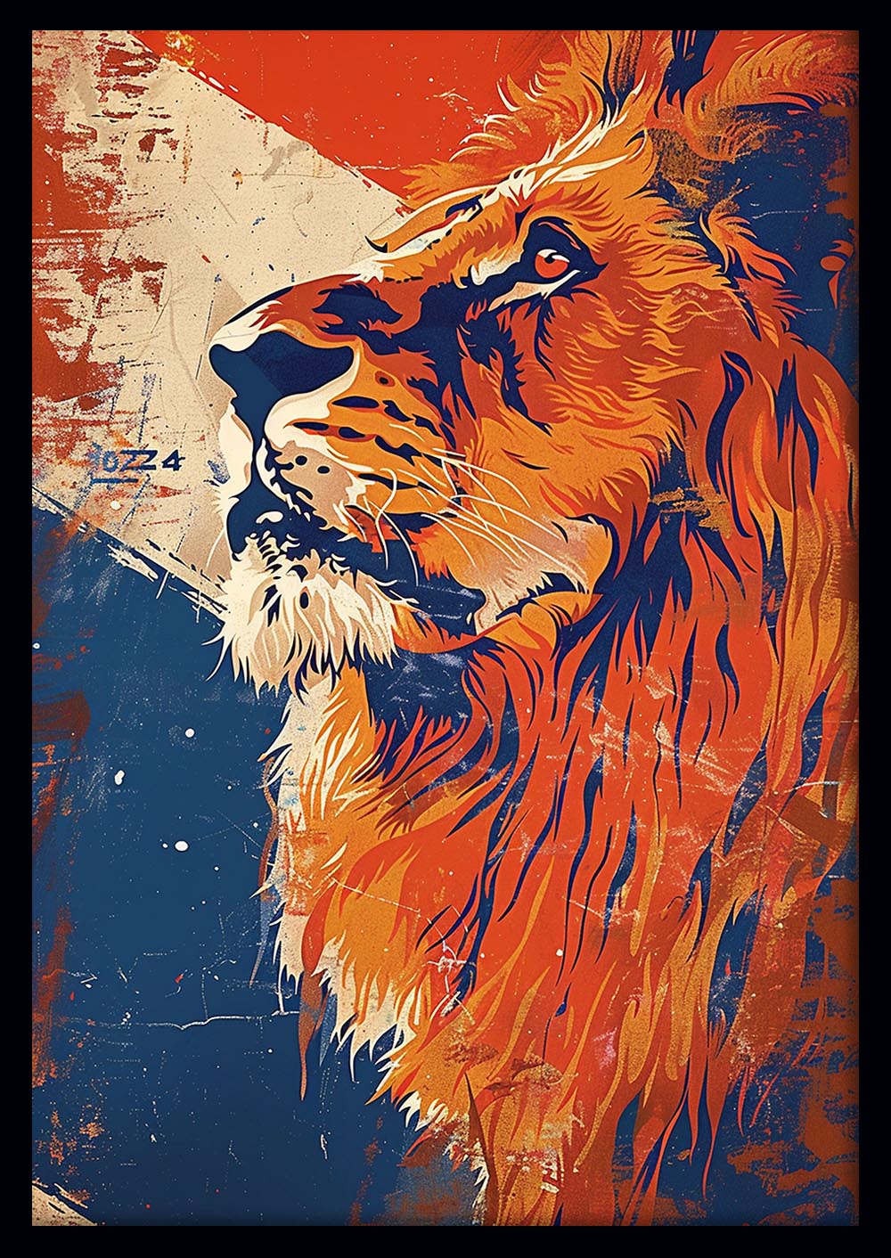 Regal Lion in Orange & Blue – Bold Graphic Animal Poster & Canvas Art – T997 – AiPrintLab
