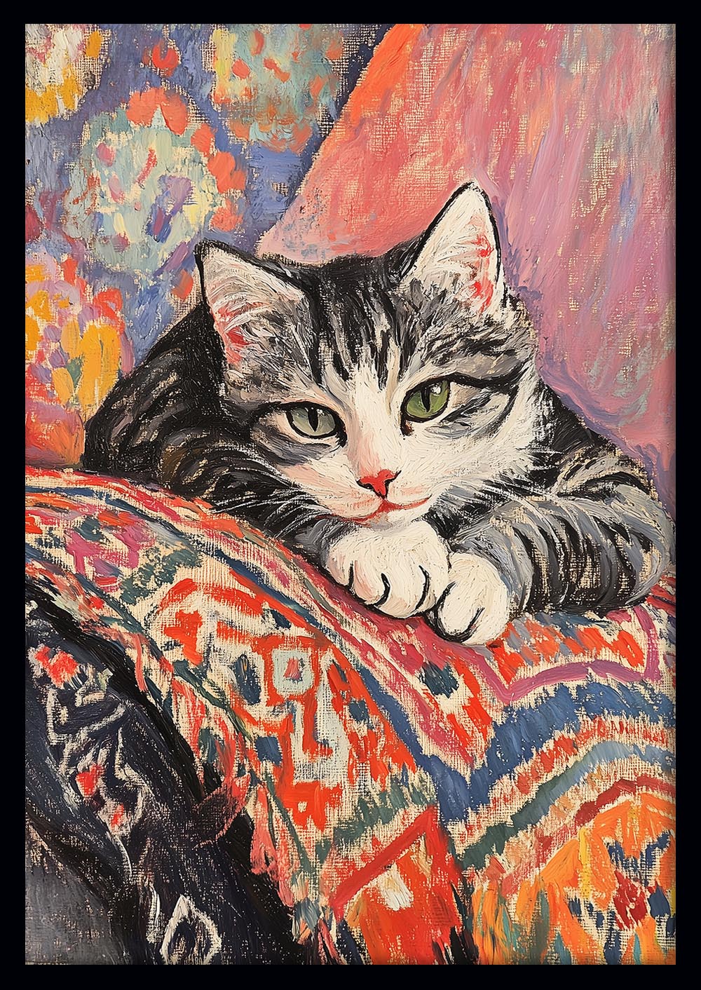 Resting Tabby Cat on Colorful Textiles – Cozy Painted Cat Canvas & Poster Wall Art – T1291 – AiPrintLab