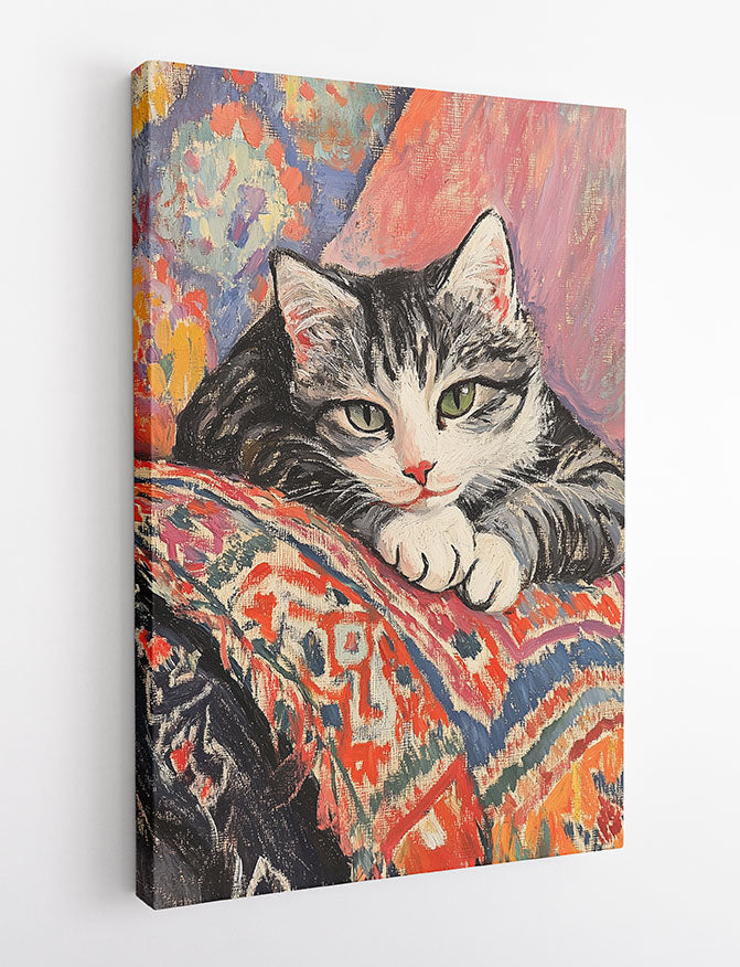 Resting Tabby Cat on Colorful Textiles – Cozy Painted Cat Canvas & Poster Wall Art – T1291 – AiPrintLab