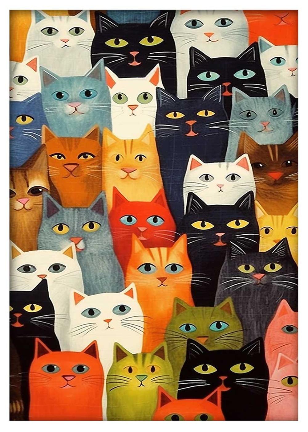 Retro Colorful Cat Crowd Illustration Print – T513 – AiPrintLab