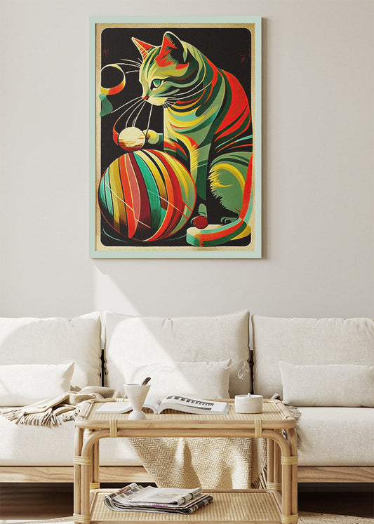 Retro Striped Cat Wall Art Poster & Canvas Print – Colorful Mid-Century Feline Illustration