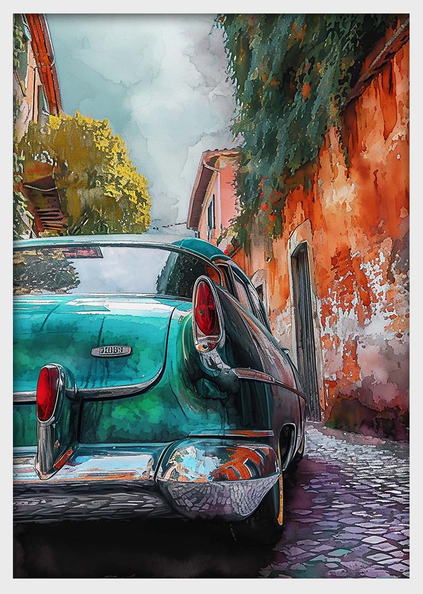 Retro Turquoise Classic Car Wall Art – Canvas and Poster Print – T1411 –