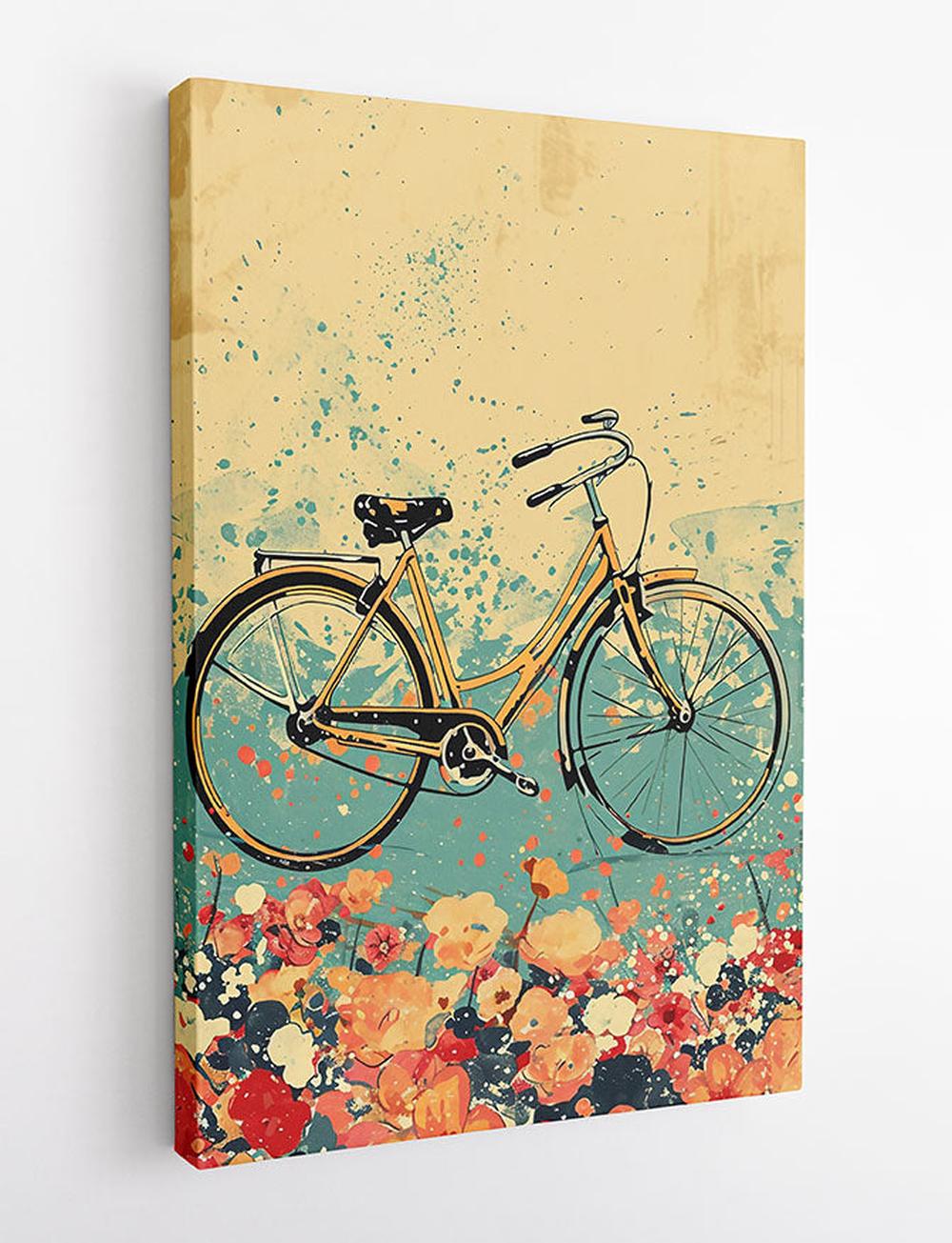 Retro Yellow Bicycle in Bloom – Vintage Floral Bike Canvas Print – T855 – AiPrintLab