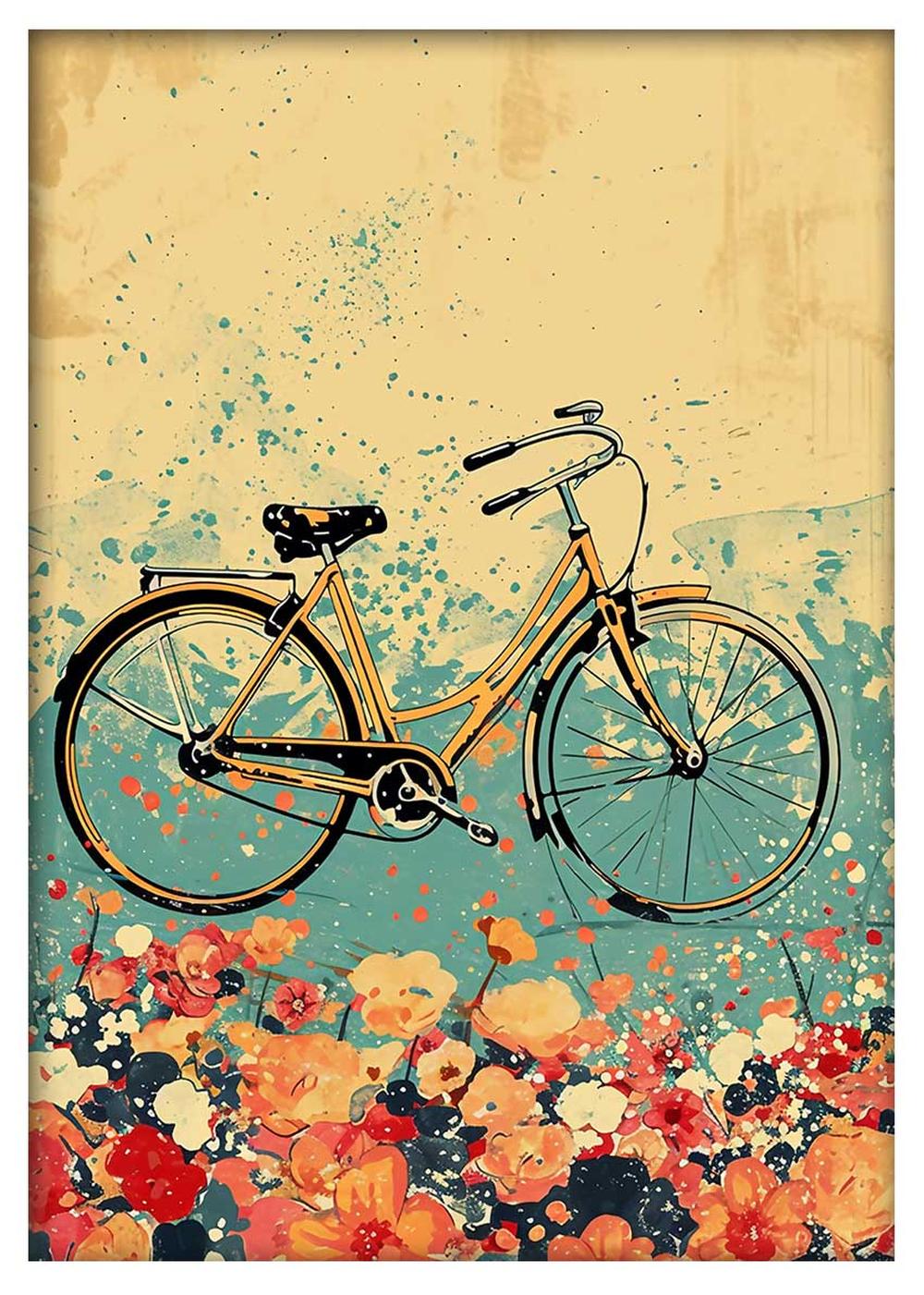 Retro Yellow Bicycle in Bloom – Vintage Floral Bike Canvas Print – T855 – AiPrintLab
