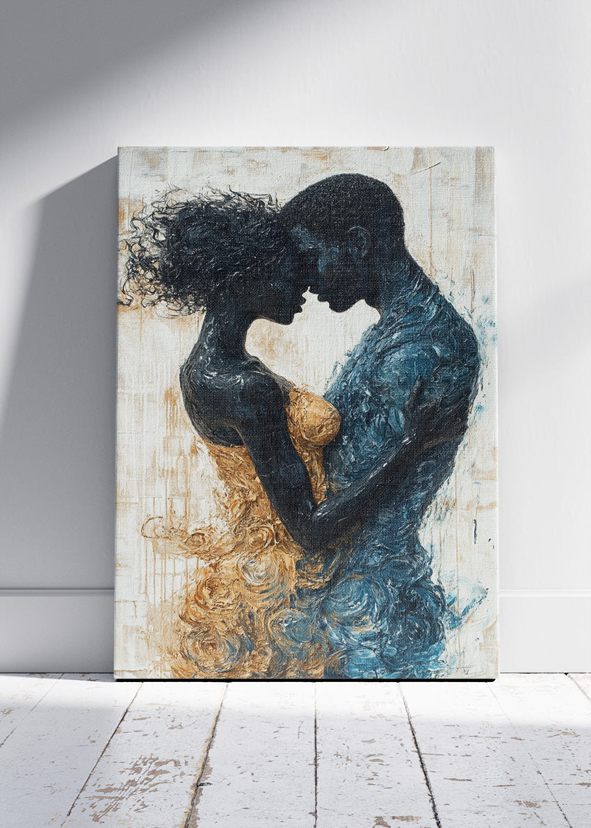 Romantic Abstract Couple Wall Art – Black and Gold Embrace Canvas Print & Modern Love Statement Poster for Bedroom Decor UK