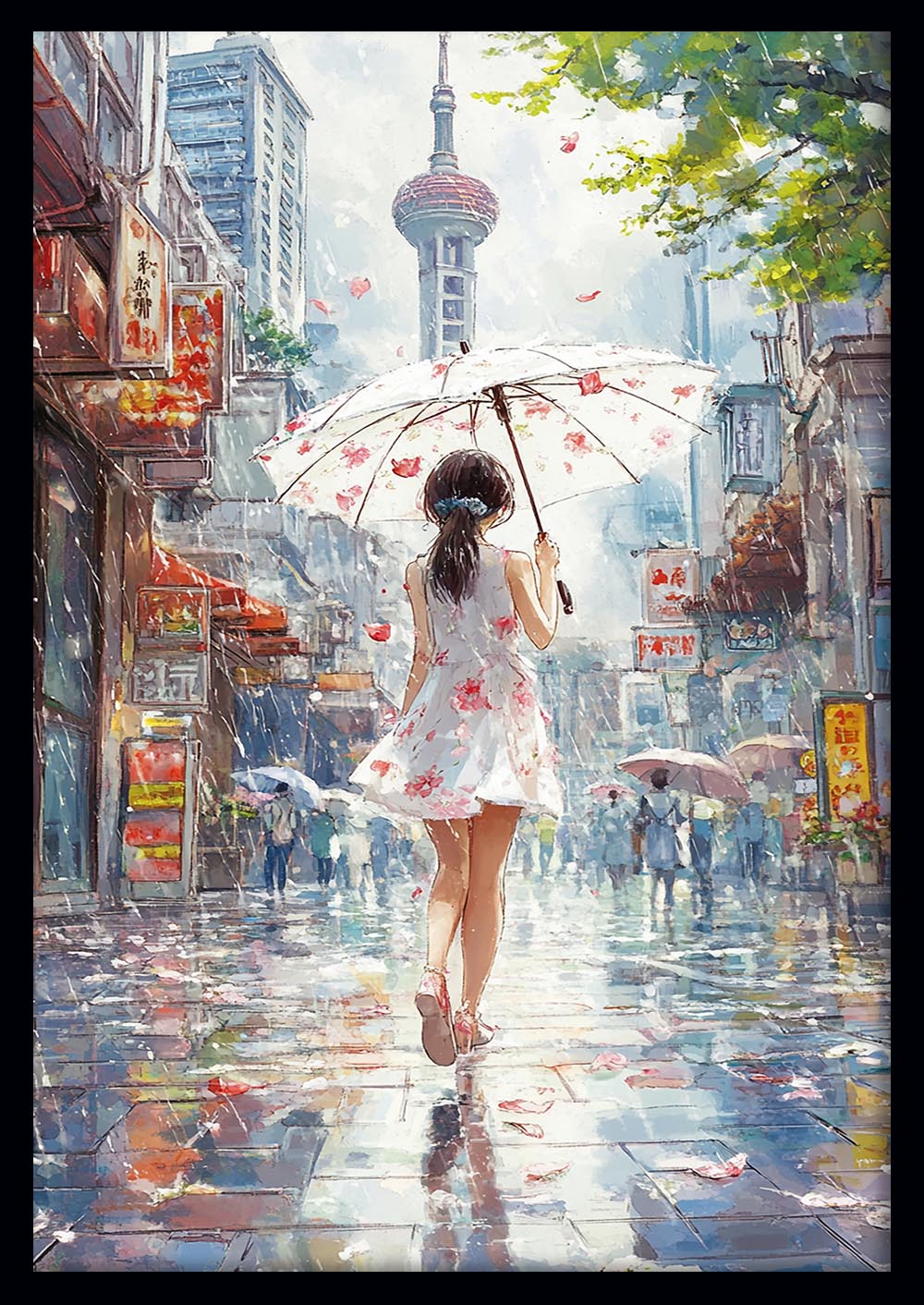 Romantic Girl in Rain Art Print, Floral Umbrella City Scene Canvas Poster, Dreamy Street Painting Style – T1377 – AIPrintLab