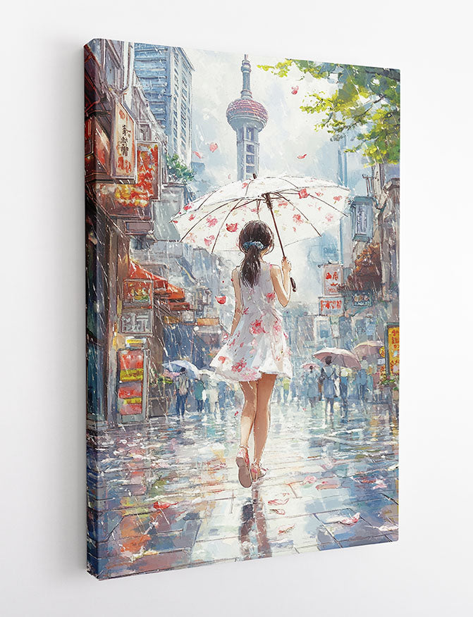 Romantic Girl in Rain Art Print, Floral Umbrella City Scene Canvas Poster, Dreamy Street Painting Style – T1377 – AIPrintLab