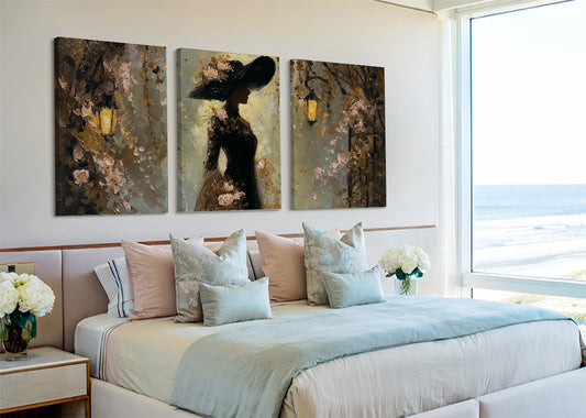 Romantic Golden Lantern Silhouette Canvas Wall Art – Single & 3 Panel Split – AI PRINT LAB