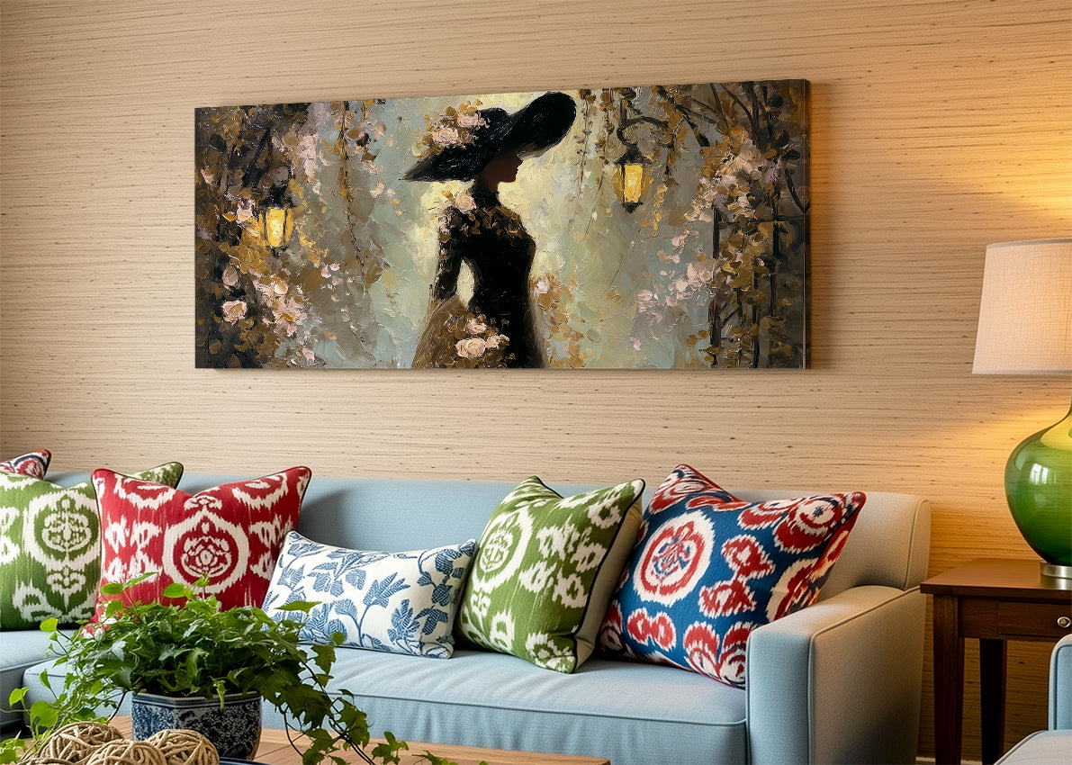 Romantic Golden Lantern Silhouette Canvas Wall Art – Single & 3 Panel Split – AI PRINT LAB