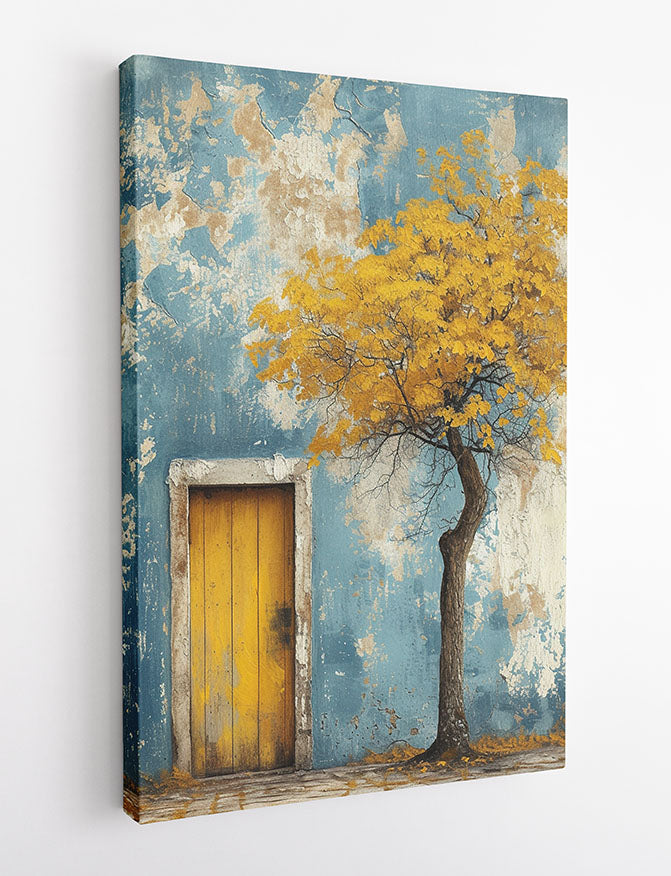 Rustic Yellow Door with Autumn Tree Canvas Print & Poster – T1459 –