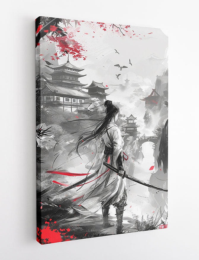 Samurai Warrior in Misty Mountains – Japanese Ink Style Poster & Canvas Wall Art – T1008 – AiPrintLab