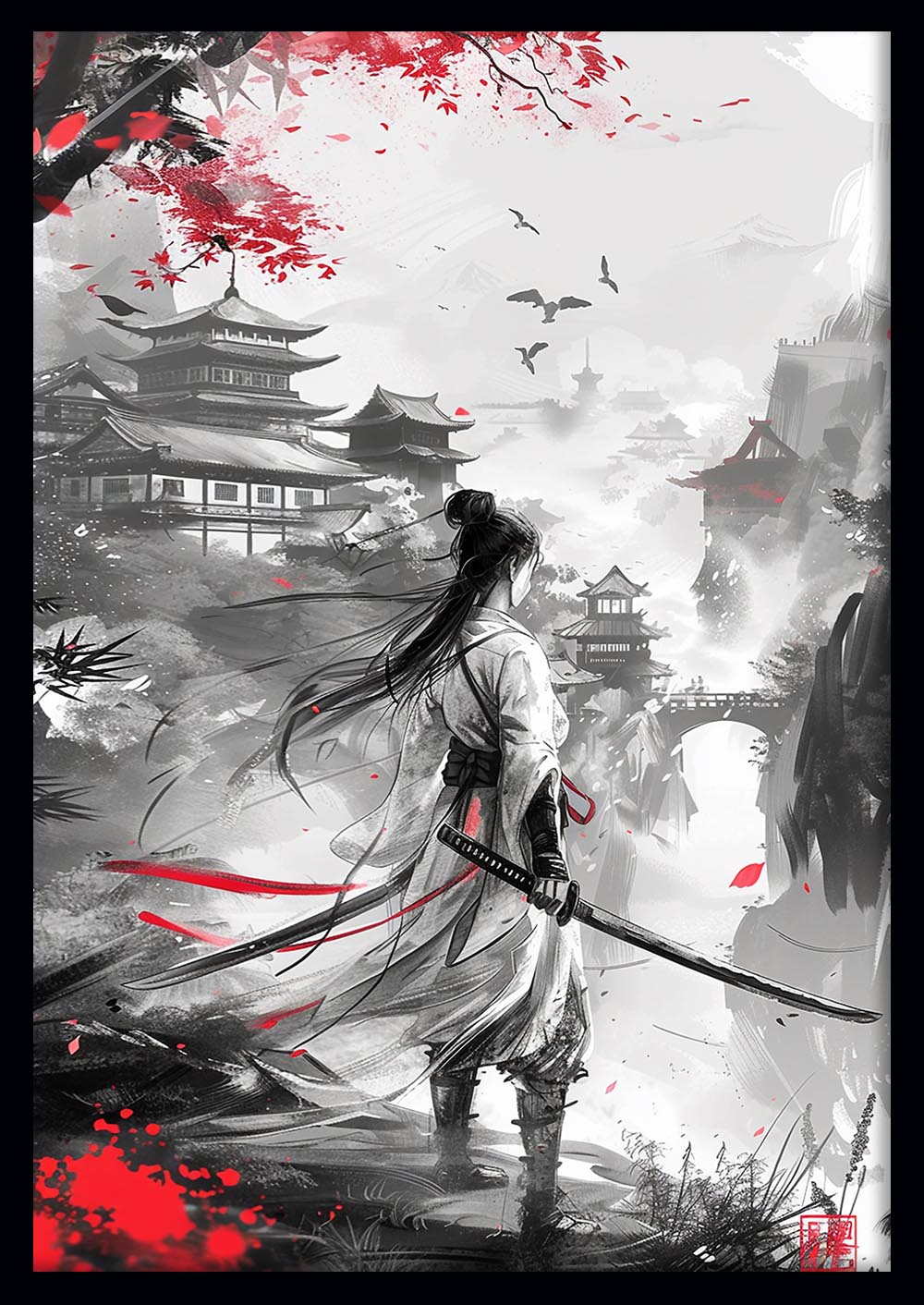 Samurai Warrior in Misty Mountains – Japanese Ink Style Poster & Canvas Wall Art – T1008 – AiPrintLab
