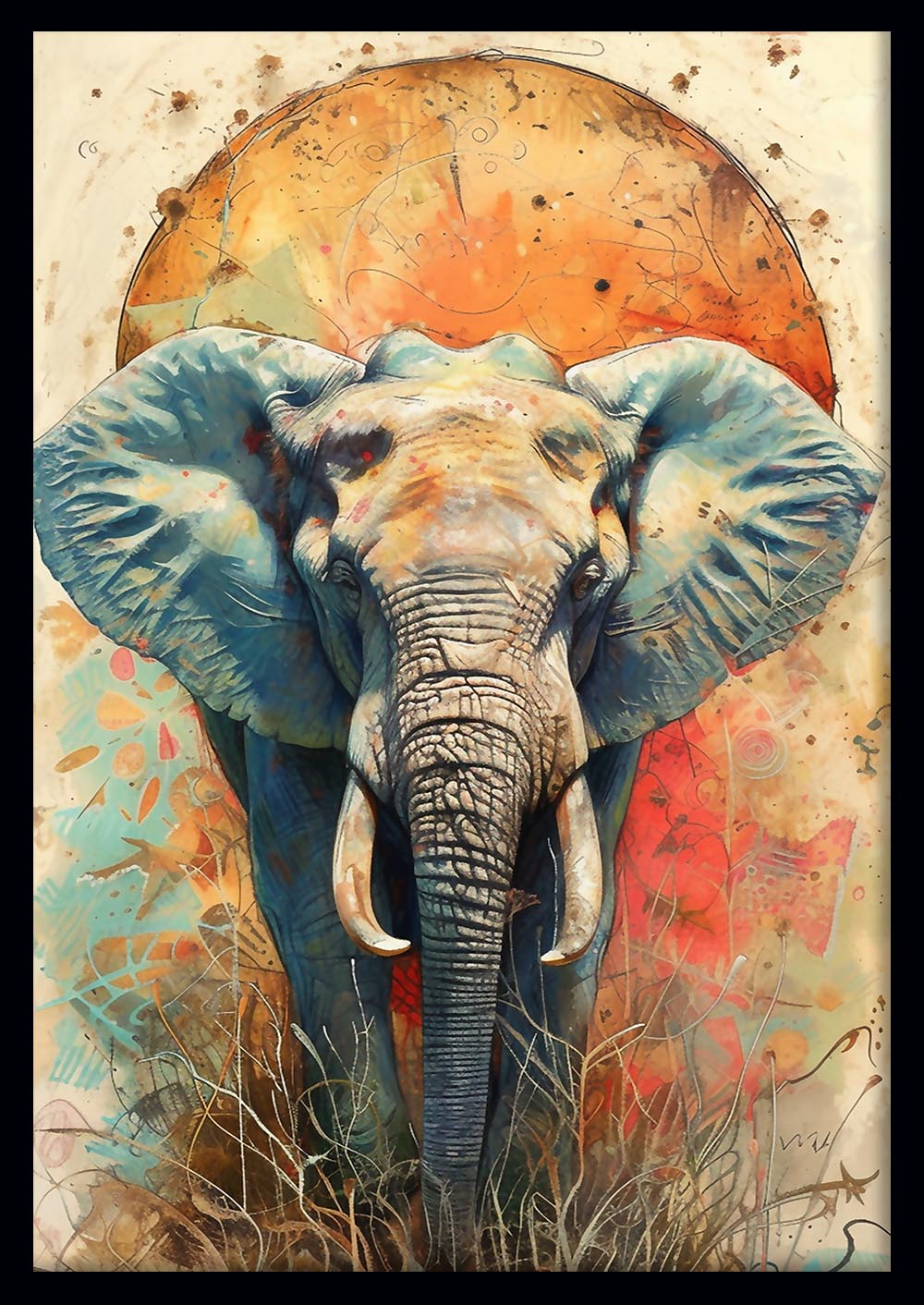 Savanna Majesty – Abstract Elephant with Sun Canvas Wall Art – T871 – AiPrintLab