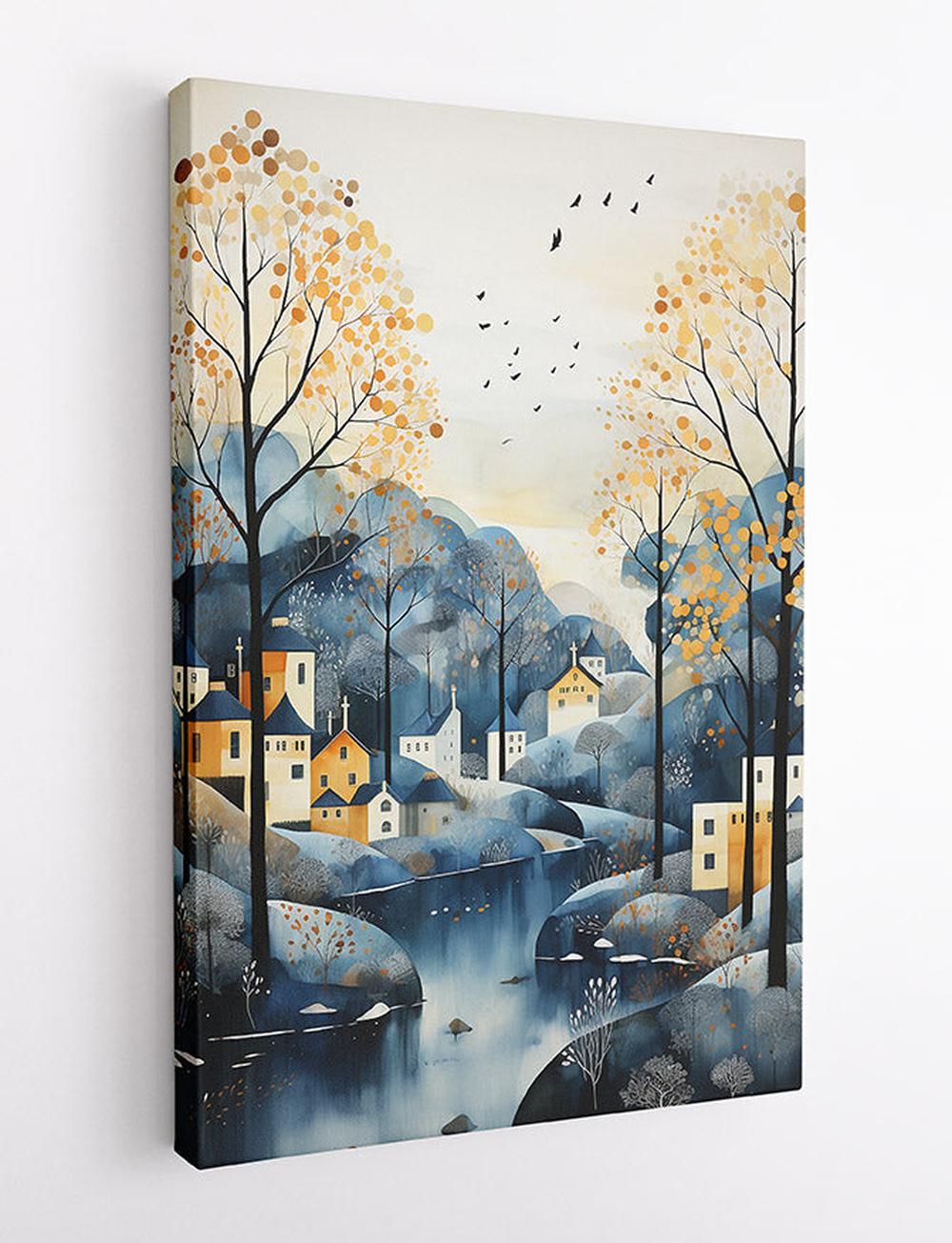 Scandinavian Village in Autumn Canvas Art Print & Poster – T570 – AiPrintLab