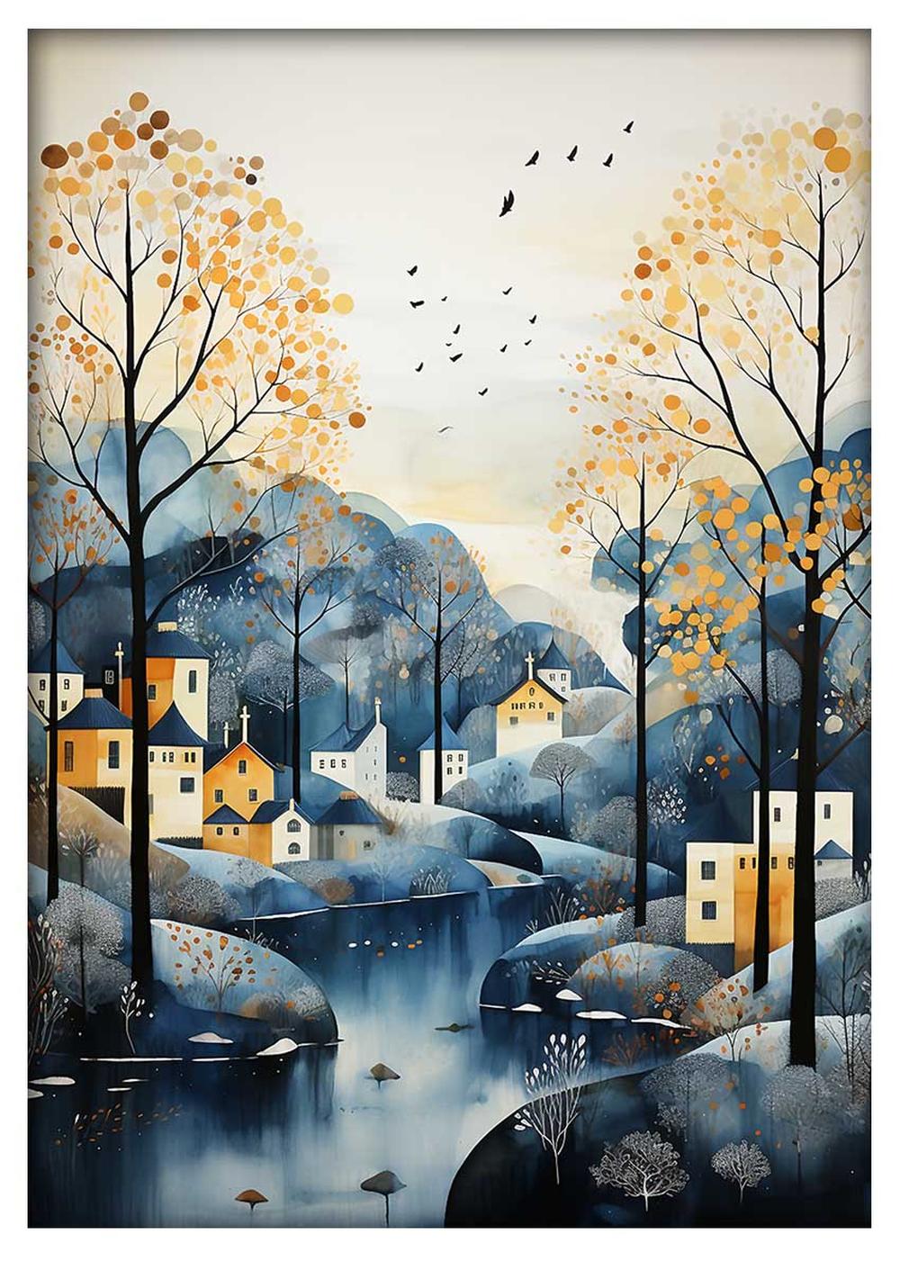 Scandinavian Village in Autumn Canvas Art Print & Poster – T570 – AiPrintLab