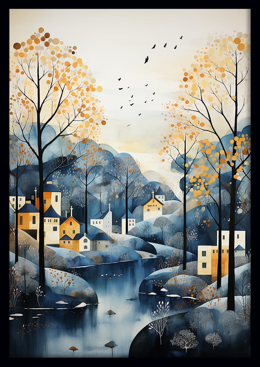 Scandinavian Village in Autumn Canvas Art Print & Poster – T570 – AiPrintLab