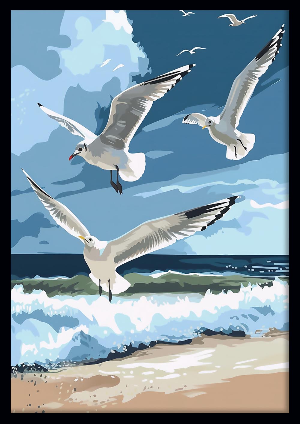 Seagulls in Flight Over Ocean Waves Coastal Canvas Print & Poster – T671 – AiPrintLab