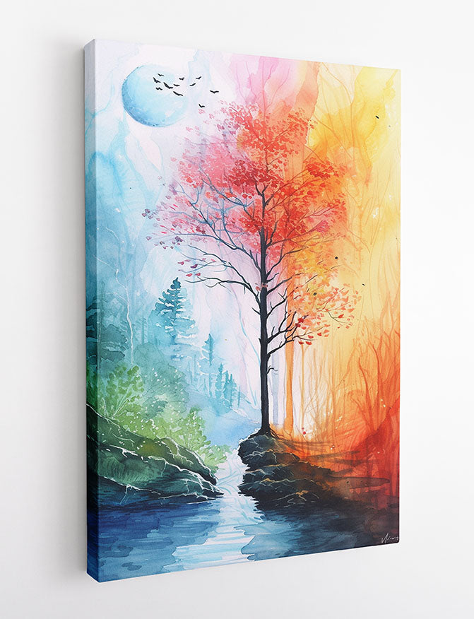 Seasons of Nature – Watercolor Tree Landscape Canvas & Poster Wall Art – T1042 – AiPrintLab