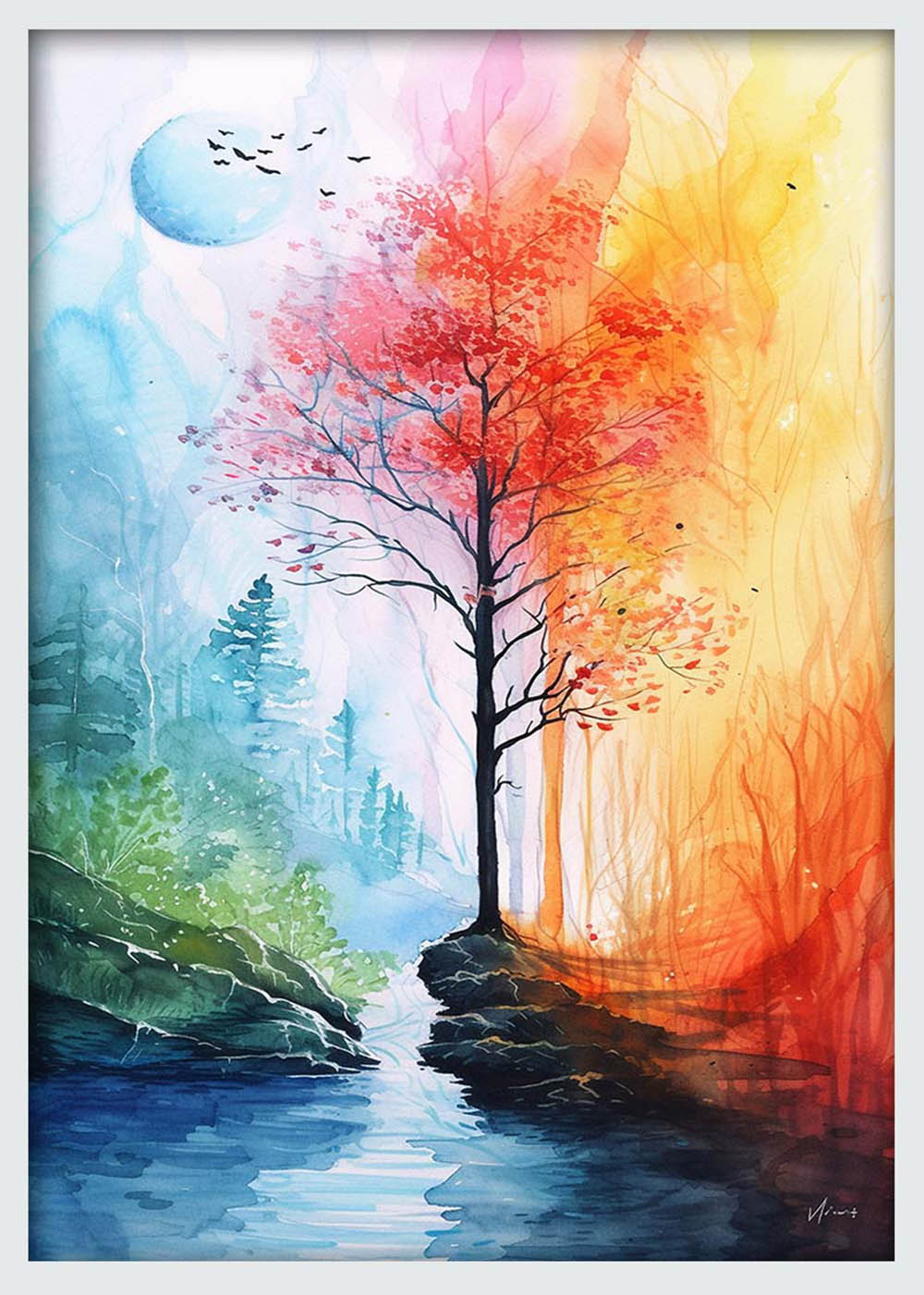 Seasons of Nature – Watercolor Tree Landscape Canvas & Poster Wall Art – T1042 – AiPrintLab