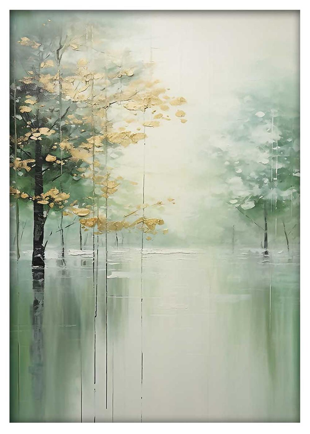 Serene Misty Forest with Golden Leaves Art Print & Canvas – T745 – AiPrintLab
