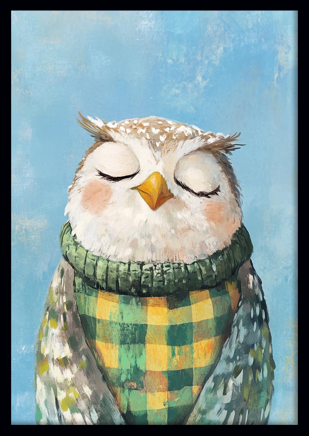 Sleepy Owl in Plaid Sweater – Whimsical Animal Canvas & Poster Wall Art – T1296 – AiPrintLab