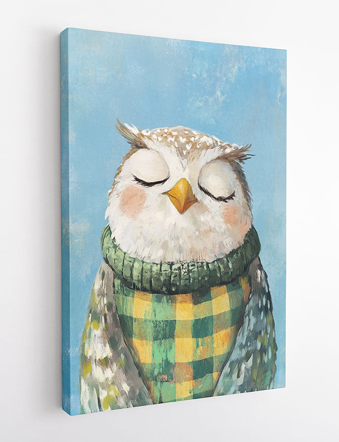 Sleepy Owl in Plaid Sweater – Whimsical Animal Canvas & Poster Wall Art – T1296 – AiPrintLab