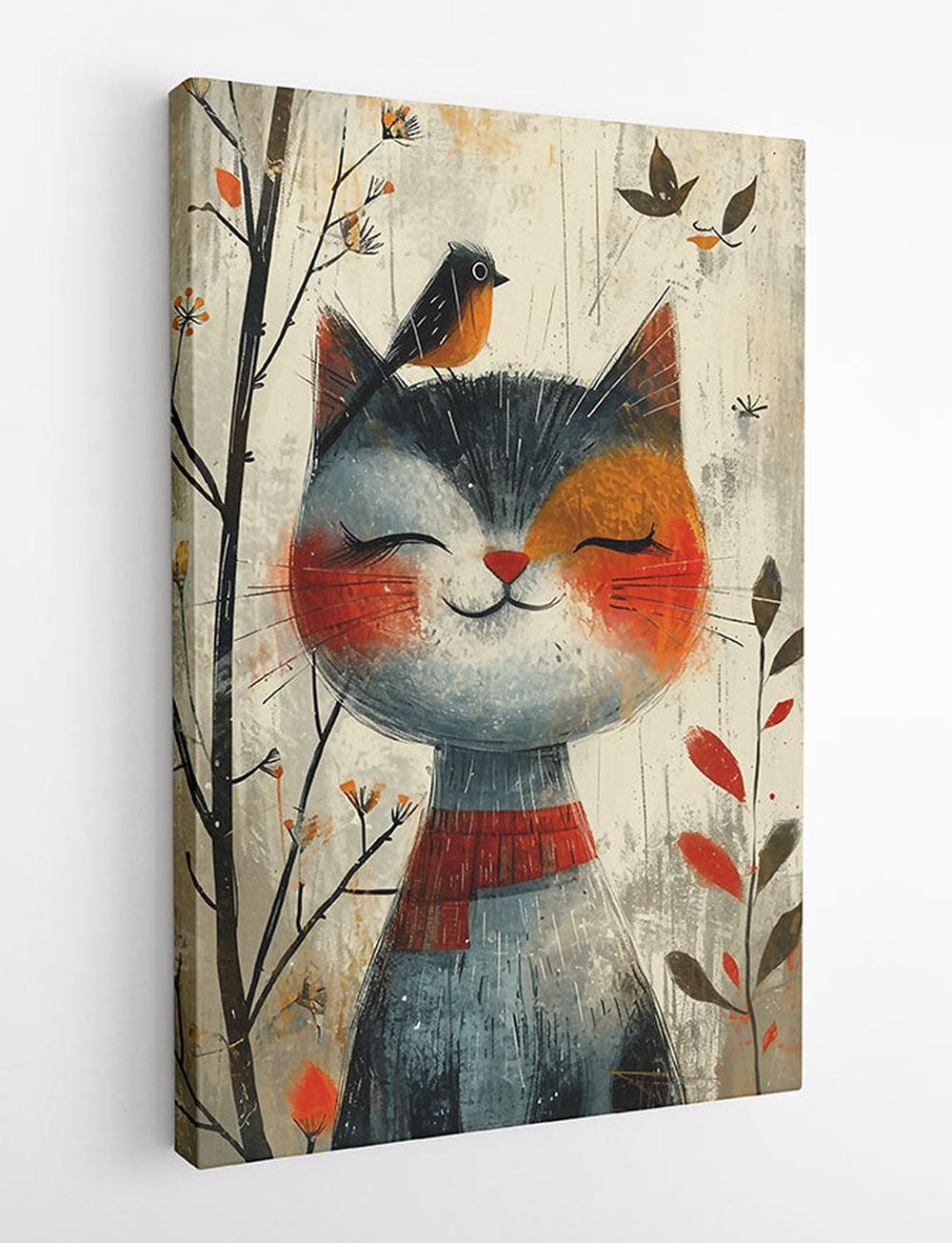 Smiling Cat & Bird – Whimsical Autumn Animal Canvas Wall Art – T876 – AiPrintLab