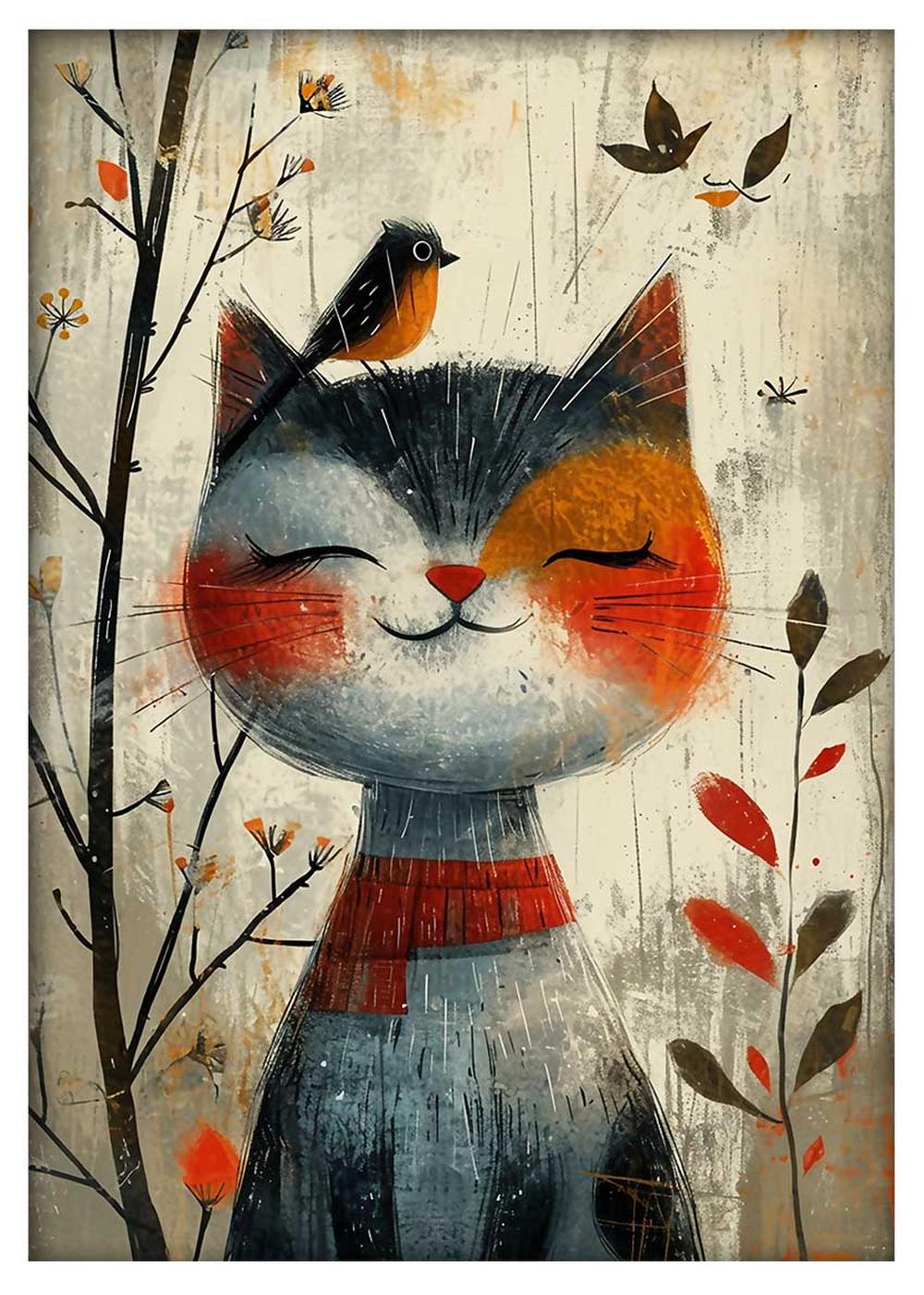 Smiling Cat & Bird – Whimsical Autumn Animal Canvas Wall Art – T876 – AiPrintLab