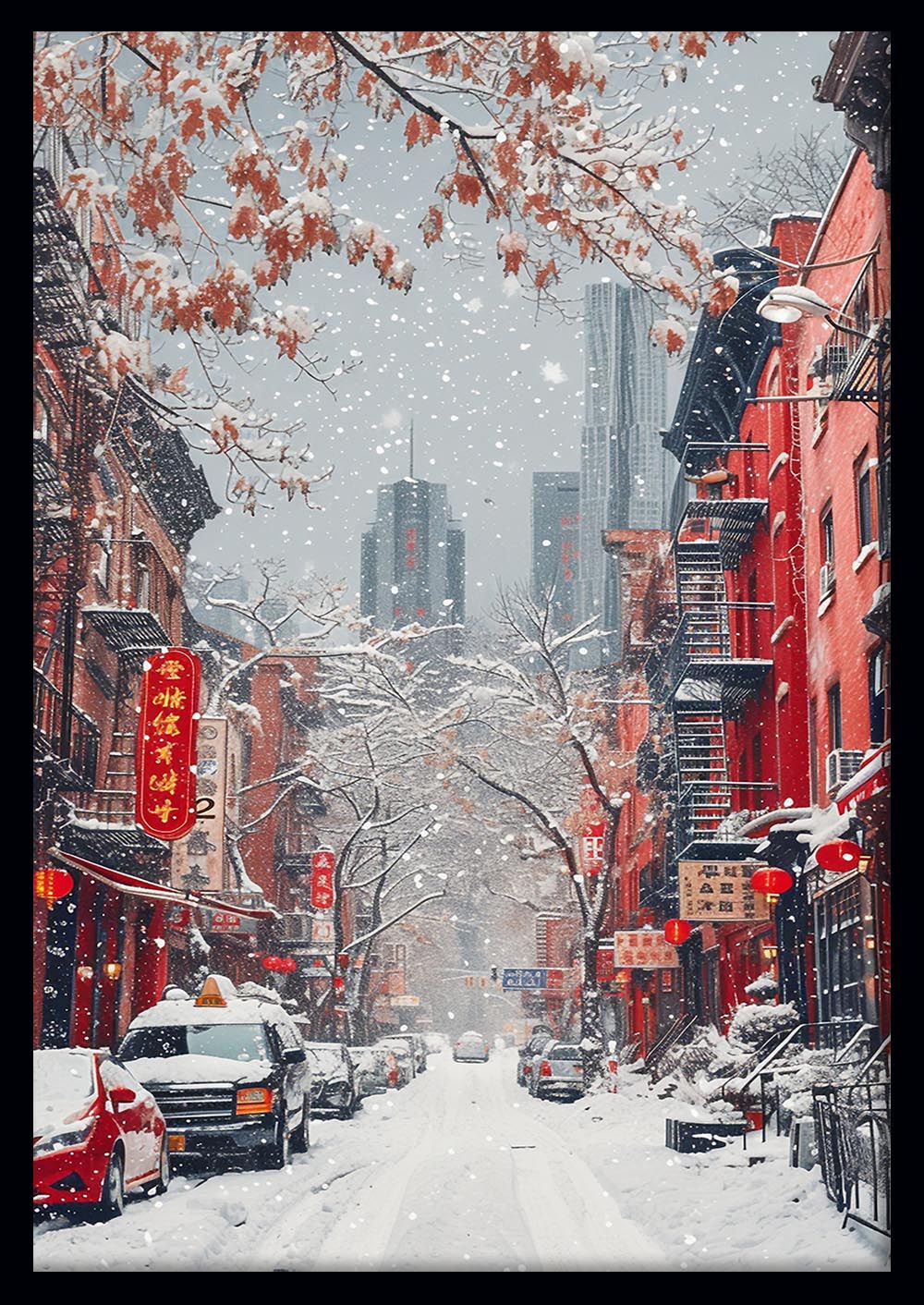 Snowy Chinatown Street Canvas Art – Winter Urban Cityscape Wall Decor – T929 – AiPrintLab