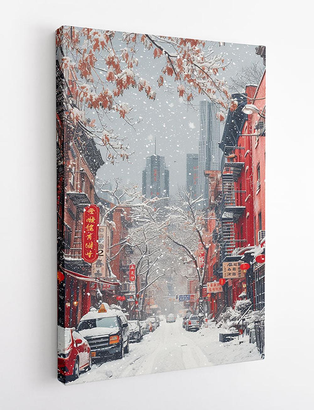 Snowy Chinatown Street Canvas Art – Winter Urban Cityscape Wall Decor – T929 – AiPrintLab