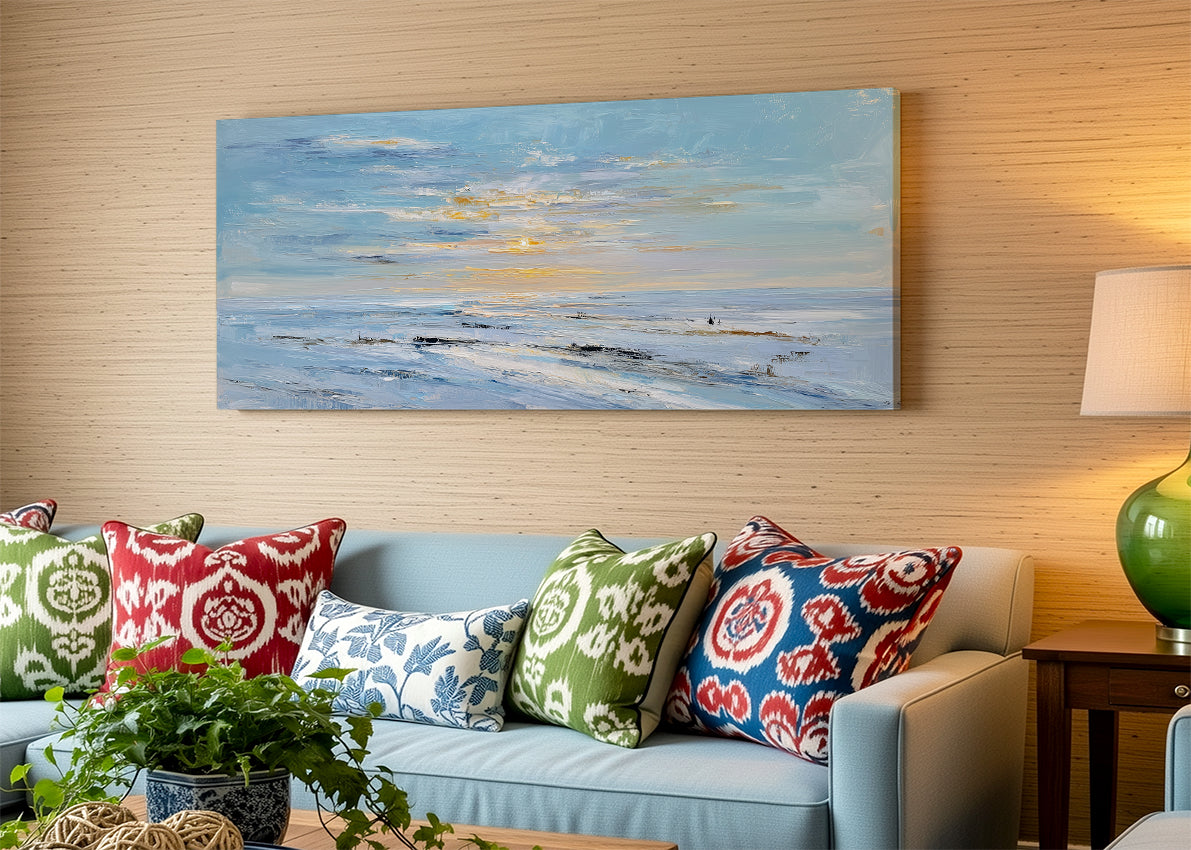 Soft Blue Ocean Sunset Canvas Wall Art – Minimal Coastal Seascape Canvas – Single & 3 Panel Canvas – AI PRINT LAB