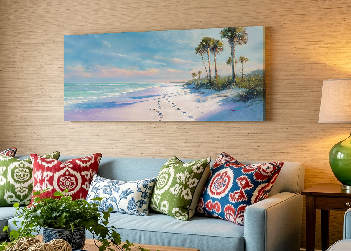 Soft Coastal Morning Beach Canvas Wall Art – Single & 3 Panel Split – AI PRINT LAB